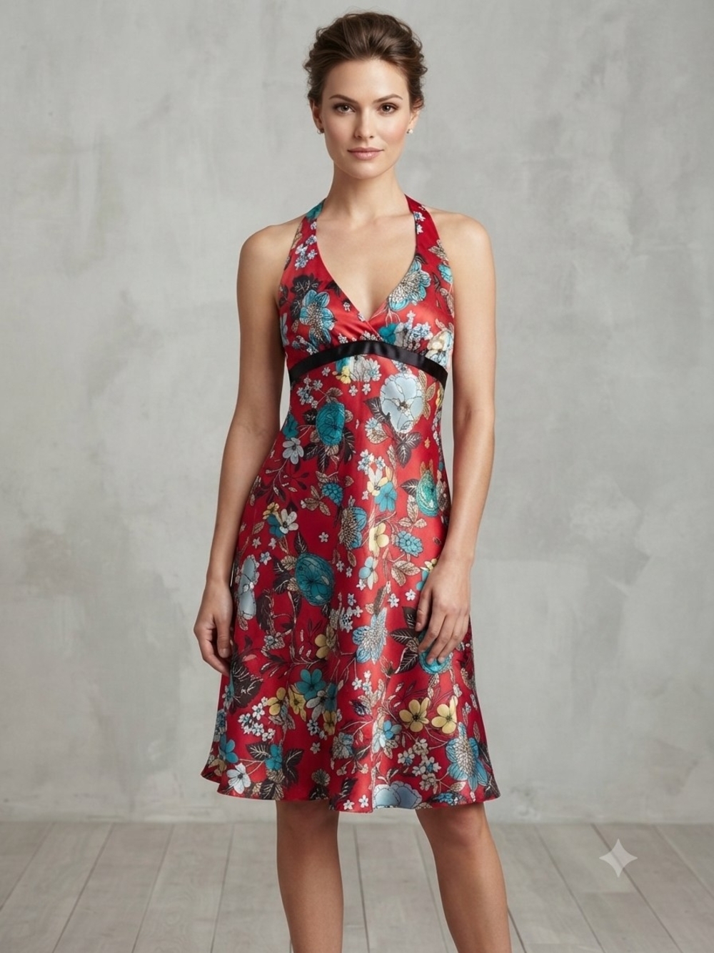 B. Smart Satin Red Floral Halter Midi Dress With Crinoline Size 8